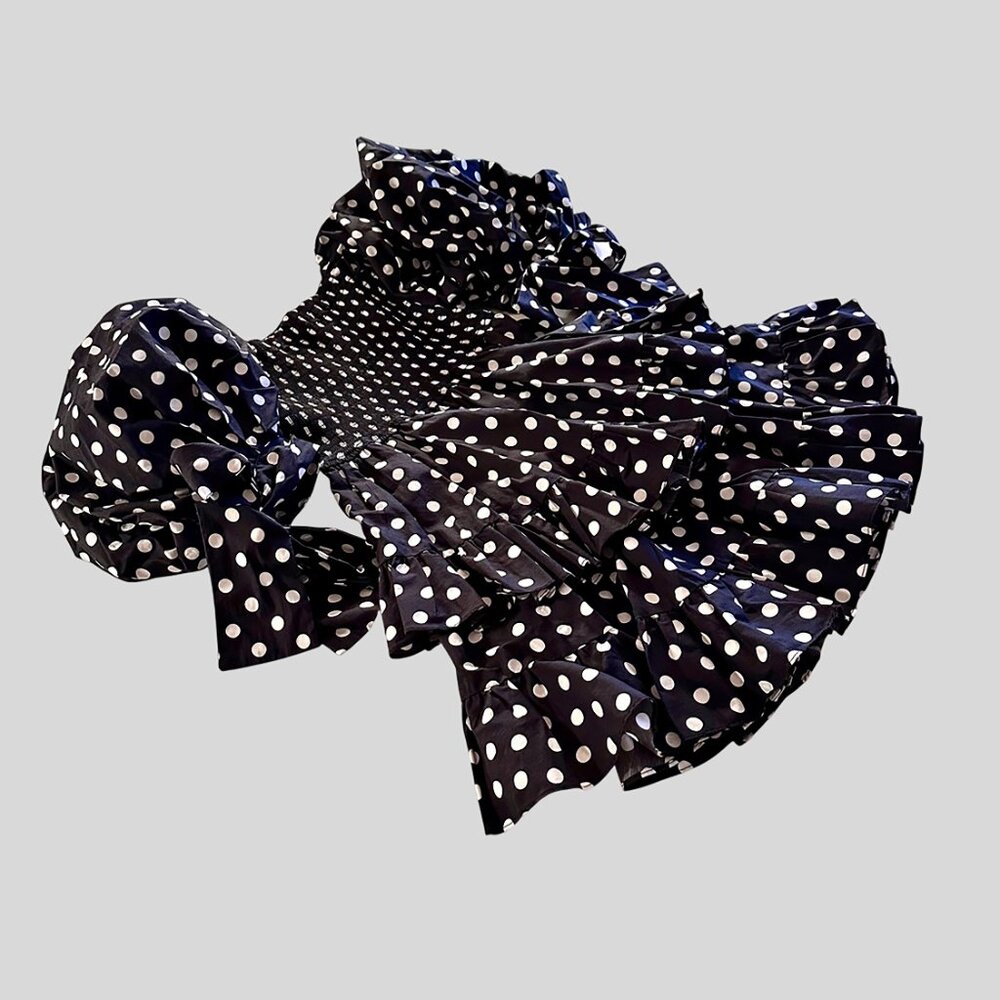 Black and White Polka Dot Dress with Puff Sleeves - Picture 3 of 3